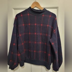 Anthropologie navy and red windowpane sweater sweatshirt top